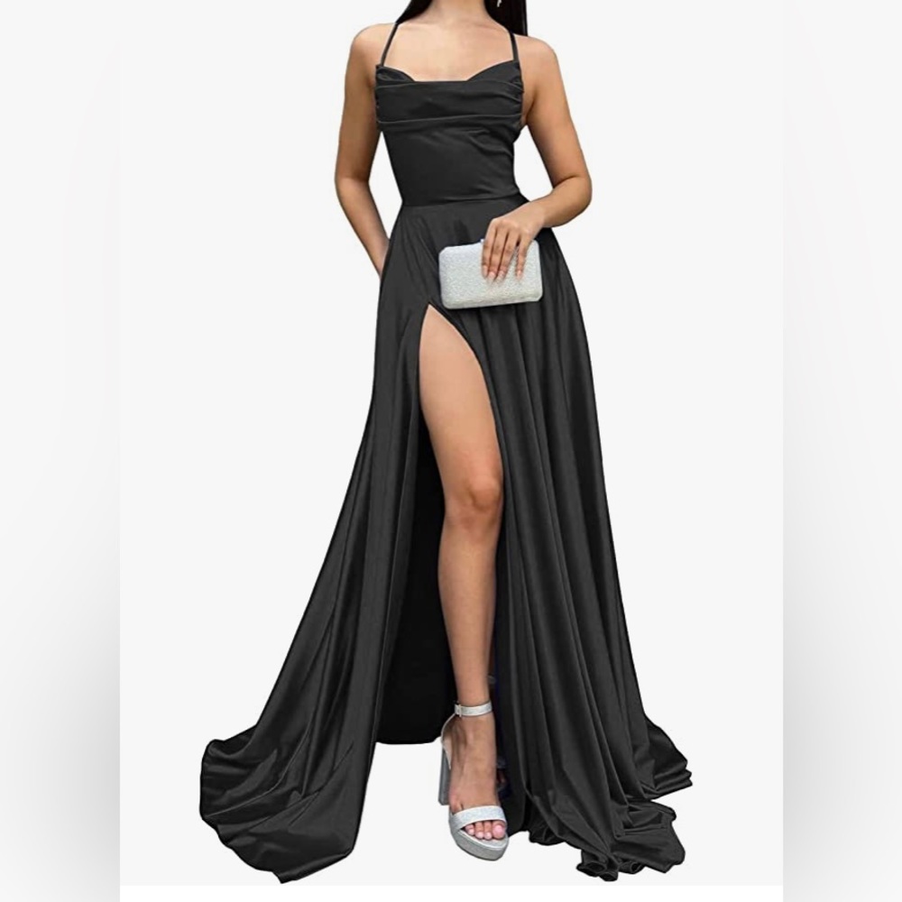 Spaghetti Straps Satin Prom Dresses Long with Pockets A Line Slit